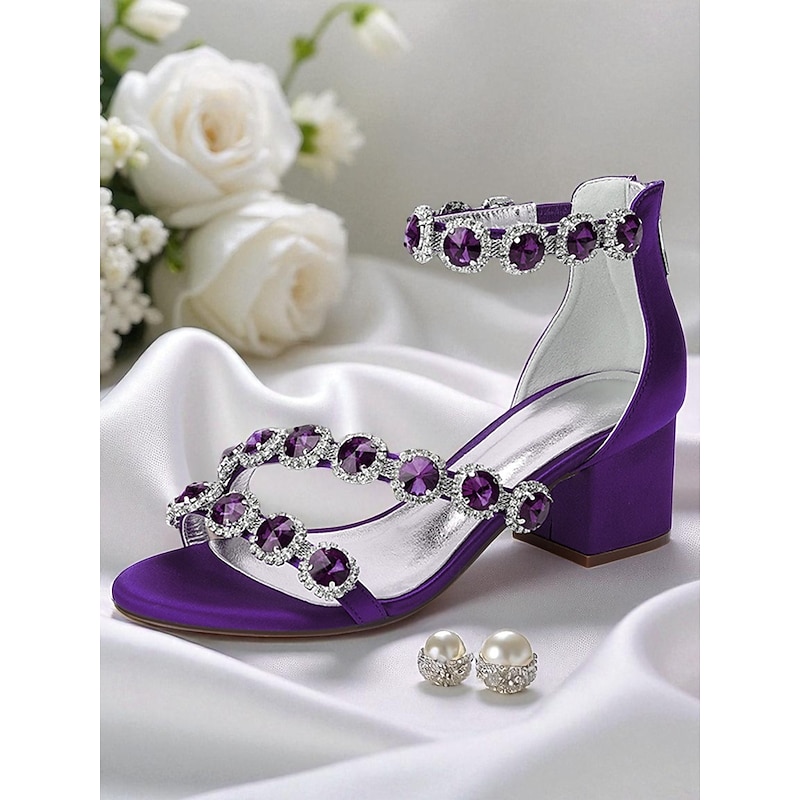 Women's Blue Satin Block Heel Sandals - Rhinestone Embellished Evening Shoes with Ankle Strap for Formal Banquets and Cocktail Parties