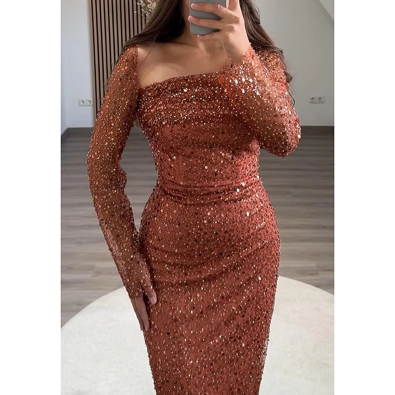 Black Tie Rust Gown Glitter Mermaid / Trumpet with Detachable Overskirt Evening Gown Elegant Dress Formal Wedding Floor Length Long Sleeve Sequin Lace Satin with Pleats Ruched Details2