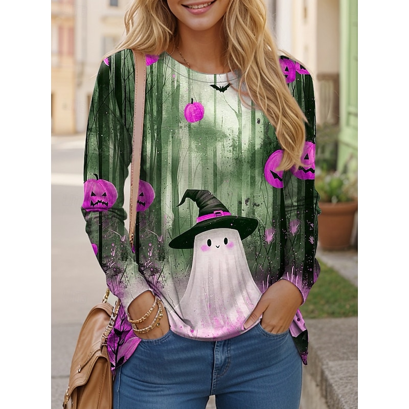 Halloween Women's T shirt Ghost Long Sleeve Crew Neck Long Sleeve Tunic Graphic Vintage Stylish Classic Regular Tops Daily Weekend Print Blue Purple Green Spring Fall Prefall2
