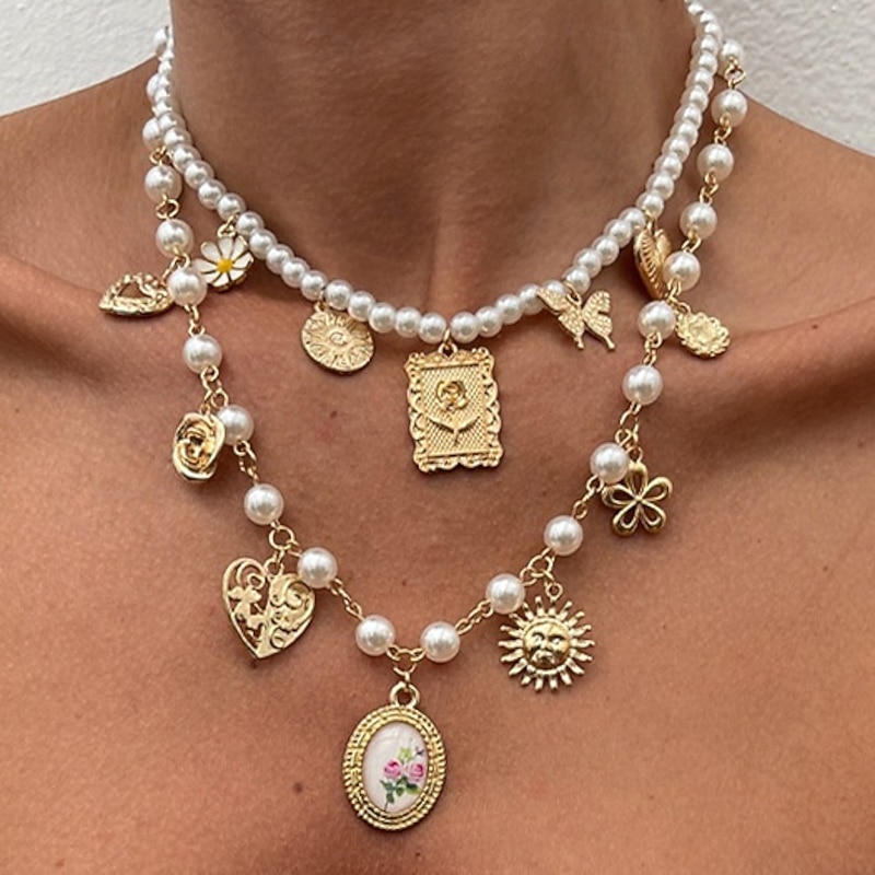 Pendant Necklace Pearl Women's Tassel Modern Lolita Double Layered Sun Heart Wedding Drops Necklace For Wedding Party Daily