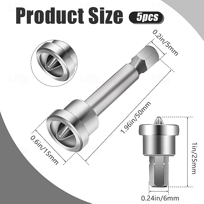 5 Pcs Positioning Screwdriver Bits Set Anti-Slip PH2 Drywall Screw Setter Hex Shank Screwdriver Bits Screw Positioning Bit Batch Head (50mm 25mm)3