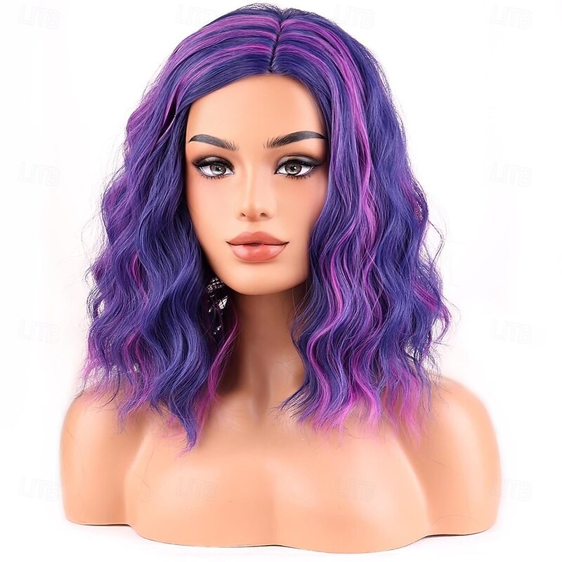 Blue Mixed Pink Wigs for Women Girls Pink and Blue Side Part Short Curly Wavy Wig Shoulder Length Body Wave Halloween Cosplay Daily Party Wigs2