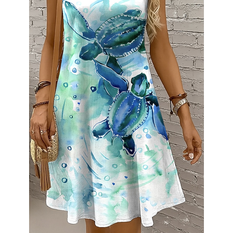 Women's Mini Dress Sundress A Line Dress Off The Shoulder Dress Vacation Casual Holiday Beach Regular Fit Graphic Turtle Sleeveless Crew Neck Yellow Red Blue Purple Summer Spring3