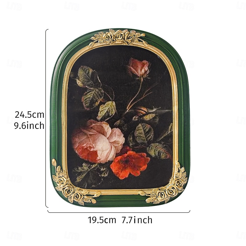 Gold 3D Rose Photo Frame with Green Arched Border, Hand-Painted Resin Picture Frame for Home Decor, Display Photos in Living Room, Bedroom, Study or Entryway3