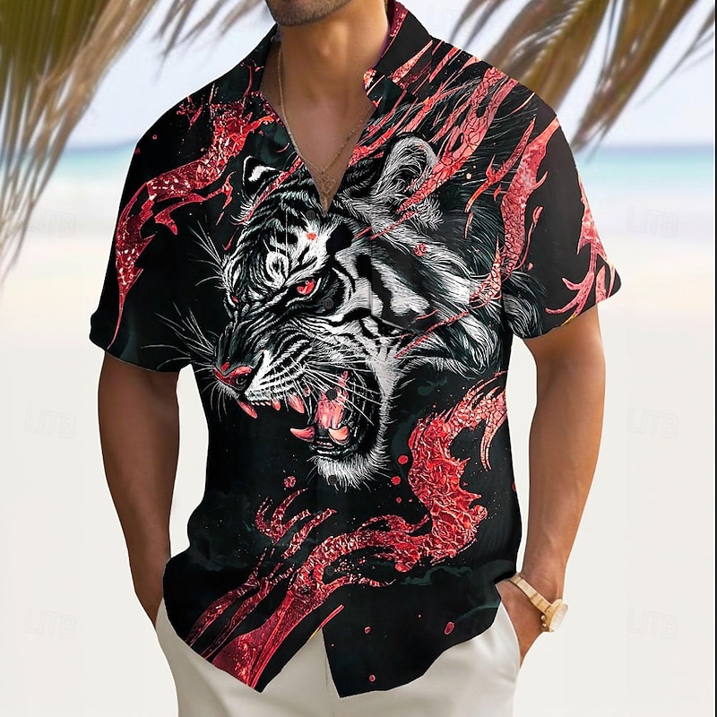 Men's Roaring Animal Tiger Shirt Summer Shirt Button Up Shirt Short Sleeve Dark Outdoor Vacation Dailywear Summer Spring Turndown 3D Print Collared Shirts Front One Pocket Red Blue Gold Green4