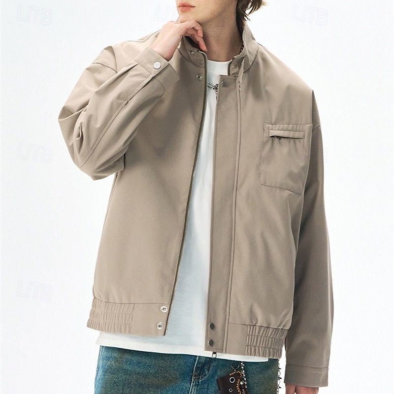 Men's Lightweight Jacket Casual Jacket Vacation Daily Windbreaker Pocket Spring Fall Plain Fashion Classic Stand Collar Regular Apricot Black Purple Green Khaki Jacket2