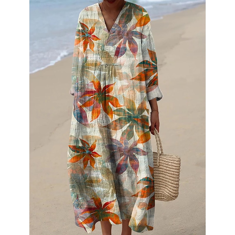 Women's Midi Dress V Neck Long Sleeve Kaftan Lightweight Loose Fit A Line Dress Casual Going out Loose Fit Graphic Geometric Long Sleeve V Neck Dark Red Yellow Blue Green Fall3