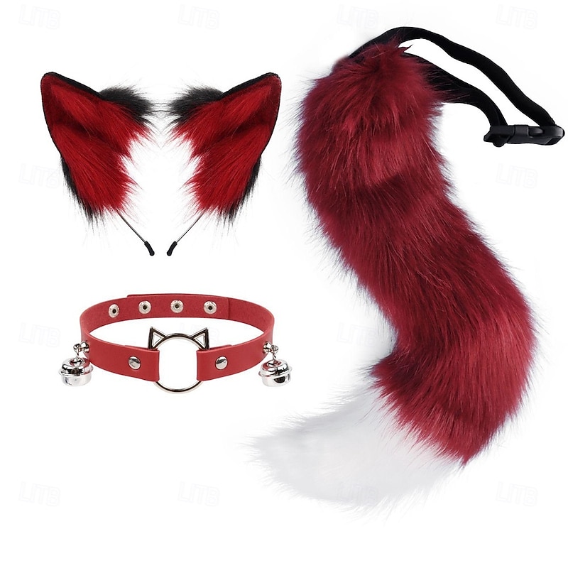 Cute Cat Ears Headband with Furry Tail and Collar Set – Animal Cosplay Accessories, Cat Girl Costume for Halloween, Party, and Performance