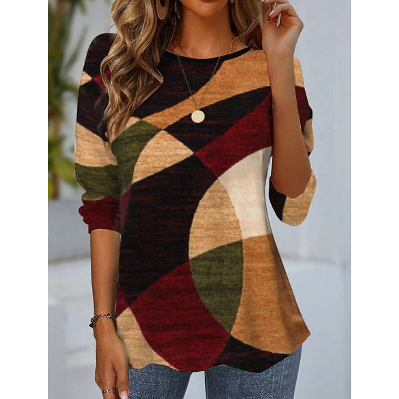 Women's T shirt Long Sleeve Crew Neck Long Sleeve Tunic Graphic Geometric Striped Vintage Stylish Round Neck Regular Tops Daily Print Black White Pink Blue Brown Fall Prefall4