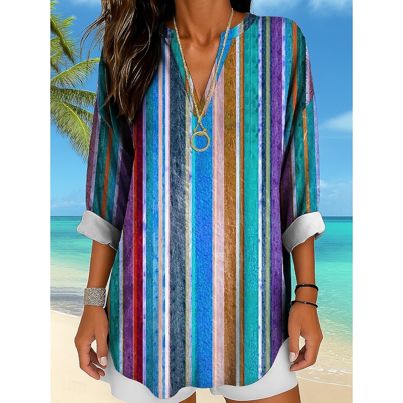 Women's Shirt Cotton Linen Shirt Blouse Long Sleeve Tunic Graphic Geometric Striped Vintage Tropical Daily Long Sleeve V Neck Regular Tops Work Daily Holiday Buttons Print Yellow Red Blue Purple4