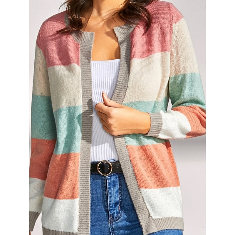 Women's Cardigan Daily Stylish Vintage Style Geometric Ribbed Crew Neck Buttons Knitted Print Long Sleeve Regular Tops Knit Outdoor Daily Pink Blue Fall Winter3