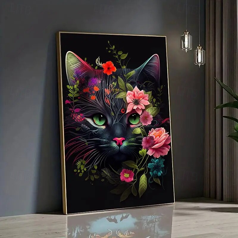 1 Vibrant Floral Cat Canvas Art Print Frameless Modern Wall Decoration Suitable For Living Rooms Bedrooms And Home Offices - Colorful Feline And Floral Designs Indoor Canvas Posters Cat Decoratio4