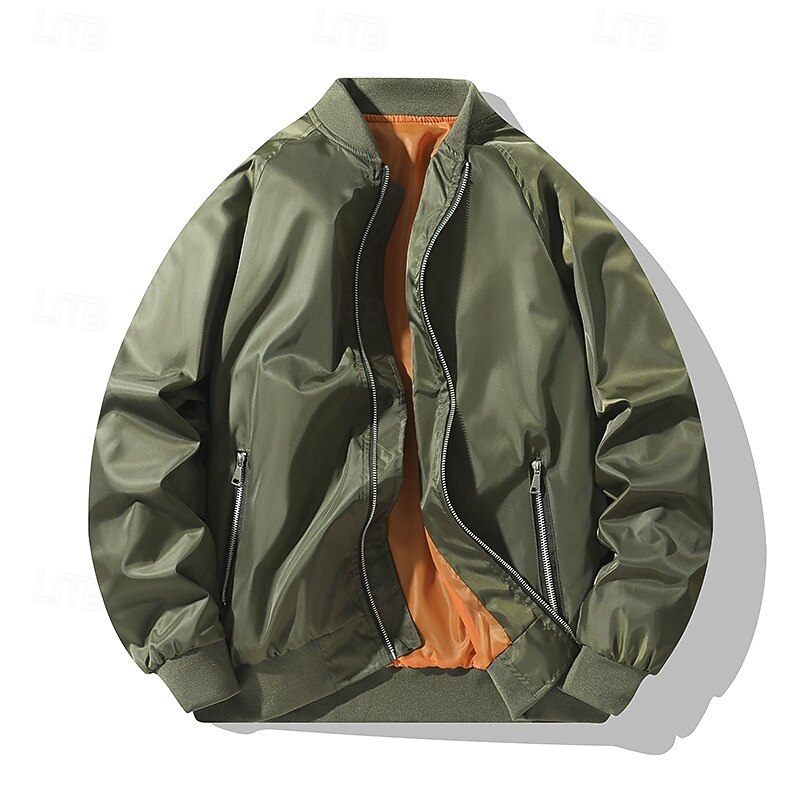 Men's Lightweight Jacket Bomber Jacket Casual Jacket Vacation Daily Pocket Spring Fall Plain Fashion Classic Stand Collar Regular Black Army Green Jacket