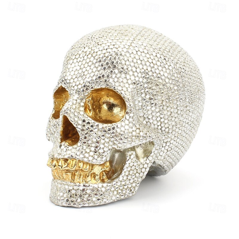 Halloween Resin Figurine Silver Sequin Mini Skull Decor Creative Home Tabletop Ornament Spooky Halloween Resin Craft Decorative Accessory for Party Bar Shelf Display4