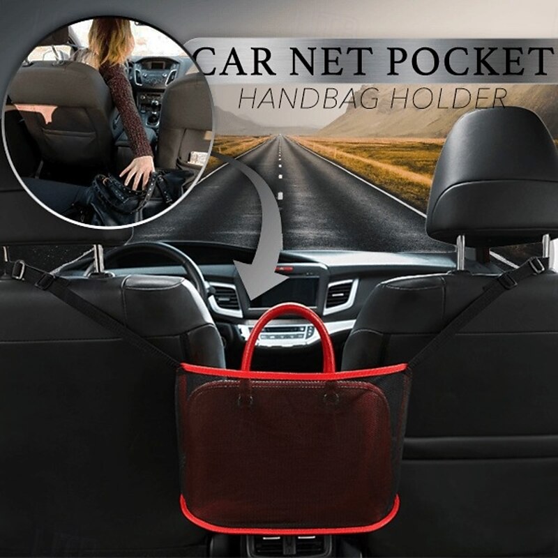 Car Net Pocket Handbag Holder Car Seat Storage Organizer Mesh Bag Backseat Foldable Pouch Armrest Console Hanging Storage for Essentials
