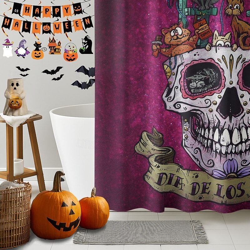 Dia De Los Gatos and Dia De Los Perros by David Lozeau Halloween ShowerCurtain with Hooks Polyester Washable Waterproof Pattern Bathroom Bathtub Decor3