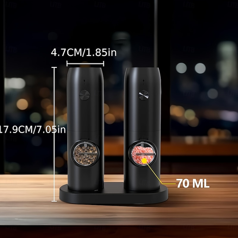 1 or 2-pack rechargeable electric pepper & salt grinders. 2-pack includes charging base. Rechargeable Electric Pepper and Salt Grinder, Auto operation, LED light, adjustable grind, USB charging. Black4