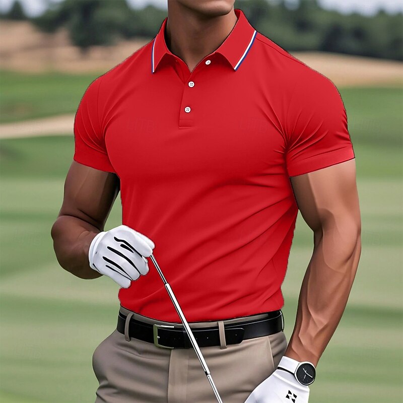 Men's Golf Shirt Pique Polo Shirt Business Casual Ribbed Polo Collar Short Sleeve Fashion Basic Solid Color Plain Buttons Summer Spring &  Fall Slim Fit Black Pink White Yellow Light Green Red Golf