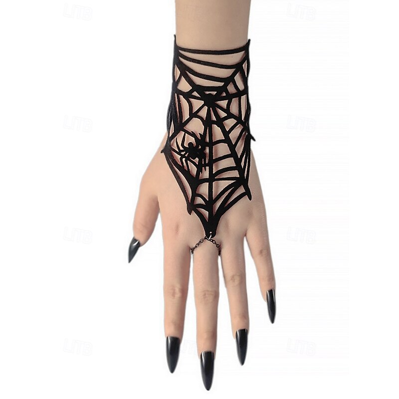 Women's Halloween Spider Web Hand Bracelet – Black Polyester Gothic Wrist Chain with Spider Design for Costume Parties & Cosplay3