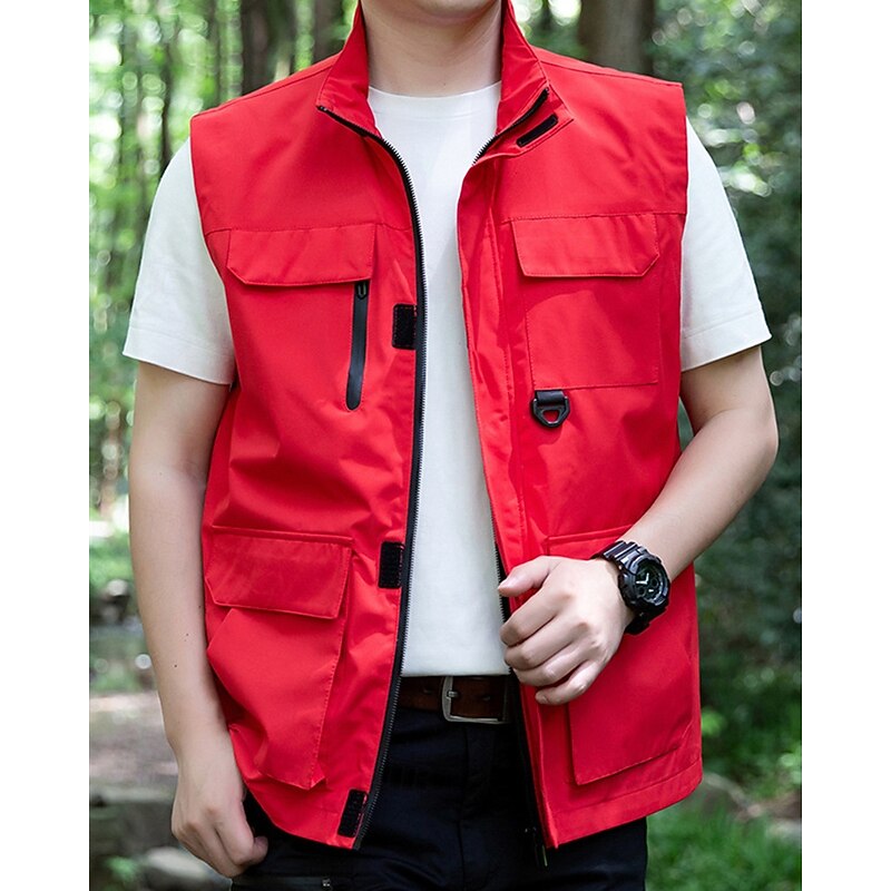 Men's Vest Gilet Outdoor Daily Fashion Casual Spring Fall Pocket Polyester Comfortable Plain Zipper Stand Collar Regular Fit Black Red Blue Khaki Vest