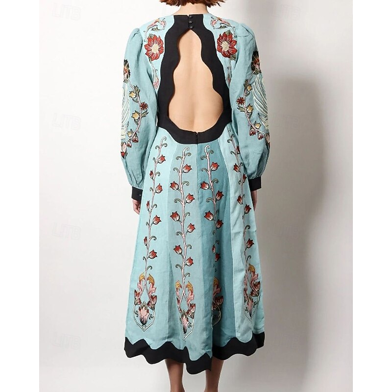 Women's Midi Dress Floral Dress Print Dress Classic Modern Outdoor Vacation Holiday Regular Fit Flower Long Sleeve V Neck Blue Fall4