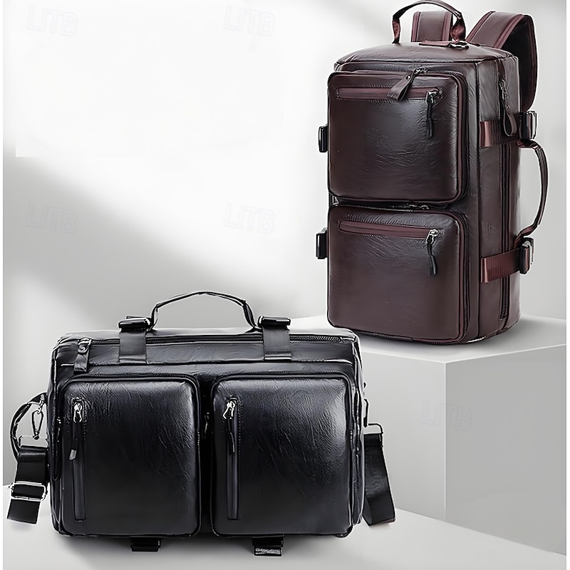 Men's Faux Leather Travel Backpack and Duffel Bag – Multi-Functional Large Capacity Bag with Dual Front Pockets for Business and Weekend Trips