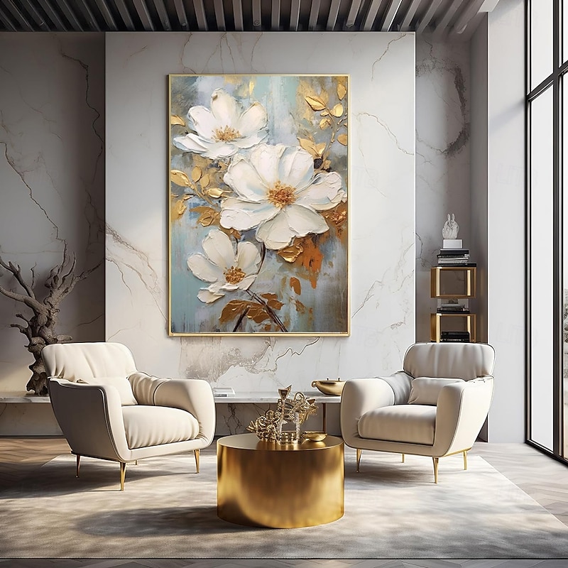 Handmade Oil Painting Canvas Wall Art Decoration Abstract Golden Leaves Big White Flowers for Home Decor Stretched Frame Hanging Painting/Rolled Frameless Unstretched Painting2