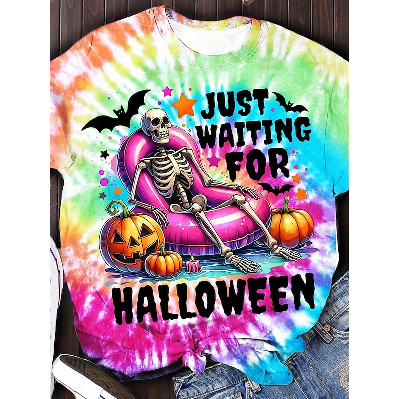 Halloween Women's T Shirt Skulls Graphic Vintage Stylish Casual Short Sleeve Crew Neck Regular Tops Daily Weekend Print Yellow Orange Rose Pink Summer Fall