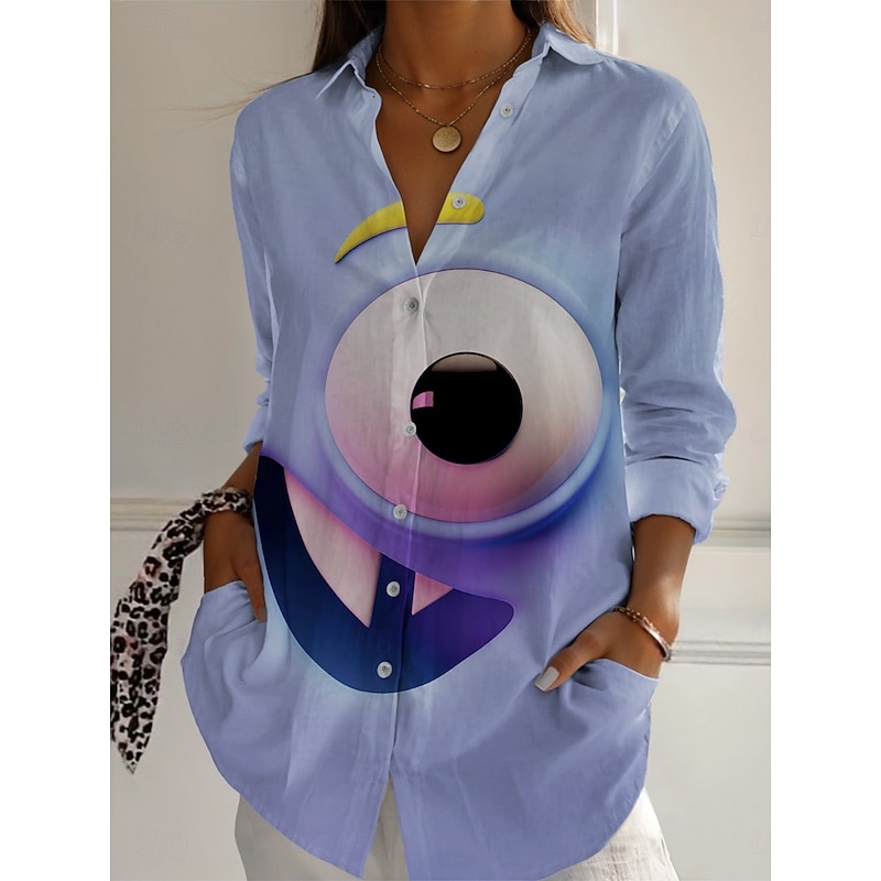 Women's Cartoon Funny Smile Face Shirt  Graphic Active Daily Stylish Long Sleeve Shirt Collar Regular Tops Daily Holiday Buttons Print Blue Spring Fall