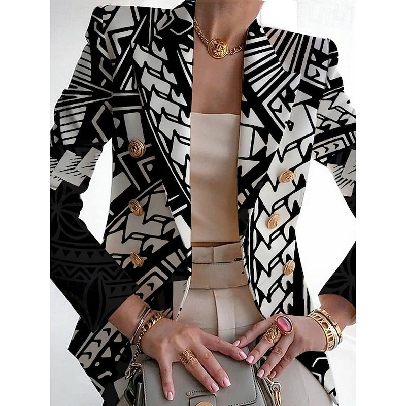 Women's Blazer Comfortable Breathable Pocket Print Fashion Casual Geometric Office Street Casual Daily Wear Double Breasted Regular Turndown Slim Long Sleeve Outerwear Black White Red Summer Spring2