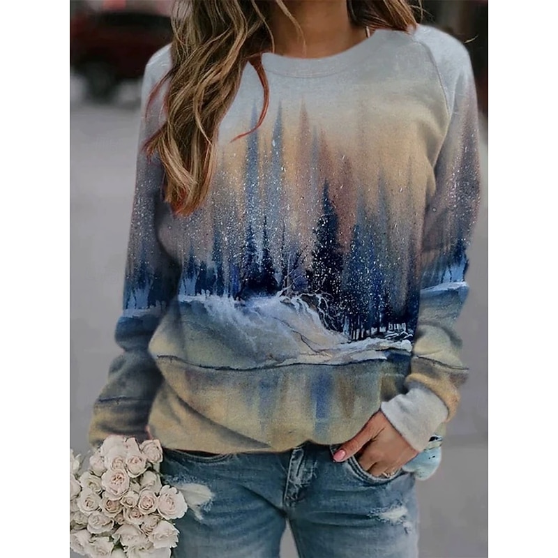 Women's Sweatshirts Graphic Casual Long Sleeve Crew Neck Regular Tops Street Dailywear Casual Print Navy Blue Light Grey Dark Blue Spring Fall Winter