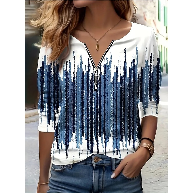 Women's T Shirt Quarter Zip Long Sleeve Casual Graphic Geometric Abstract Vintage Modern V Neck Regular Tops Daily Blue Purple Green Spring Fall