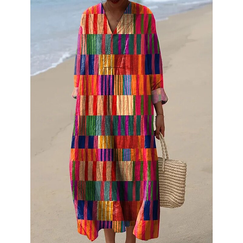 Women's Midi Dress V Neck Long Sleeve Kaftan Lightweight Loose Fit Shift Dress Casual Going out Loose Fit Graphic Geometric Long Sleeve V Neck Yellow Light Green Red Green Fall4