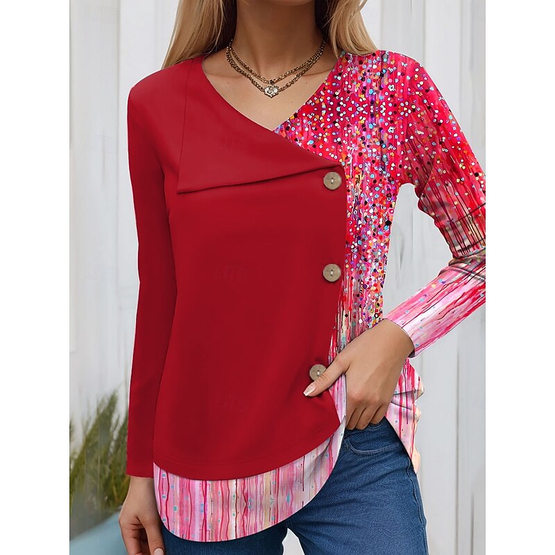 Women's Blouse Tunic V Neck Long Sleeve Buttons Ombre Graphic Geometric Fashion Casual Crew Neck Regular Tops Daily Patchwork Print Red Blue Purple Green Spring Fall Winter3