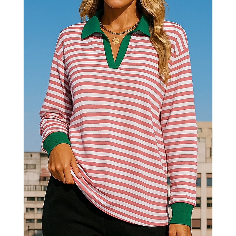 Women's Pullover Sweatshirt Casual Tops Long Sleeve Top Athleisure V Neck Stripes Sun Protection Windproof Outdoor Sportswear Activewear Dark Pink Black Pink