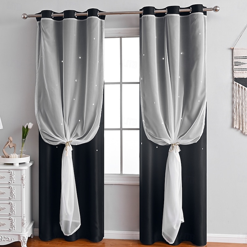 Curtain Drapes High-Precision Solid Color Double-Layer Star Cutout Blackout Curtains - Sunscreen & Thermal Insulation Drapes for Bedroom & Living Room