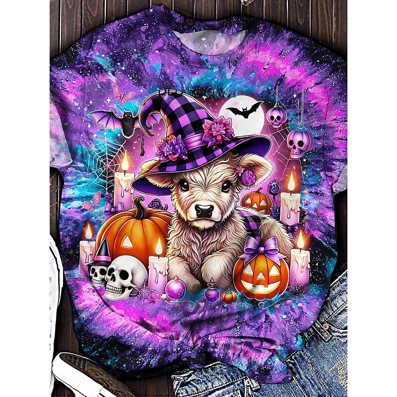 Halloween Women's T Shirt Graphic Animal Cow Vintage Stylish Classic Short Sleeve Crew Neck Round Neck Regular Tops Daily Print Black Purple Fuchsia Summer Spring Fall