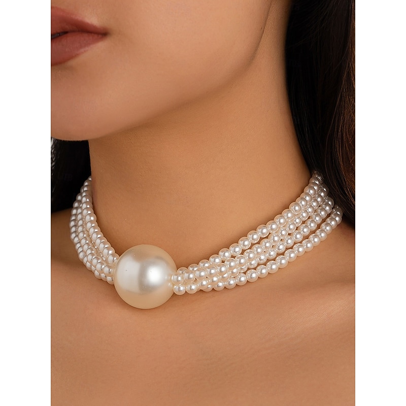 Women's Statement Pearl Choker Necklace - Multi-Strand Faux Pearl Collar with Oversized Bead, Vintage-Inspired Jewelry for Ladies, Ideal for Cocktail Parties and Formal Occasions