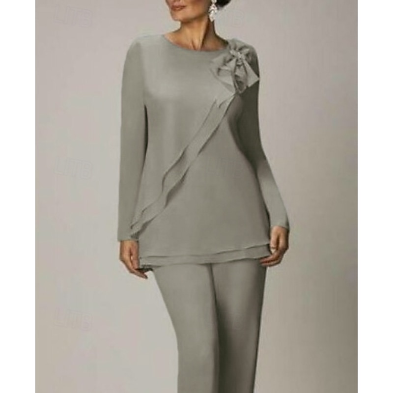 Beach Wedding Two Piece Pantsuit Mother of the Bride  Wedding Guest Elegant Plus Size Jewel Neck Floor Length Chiffon Long Sleeve with Bow(s) Ruffles2