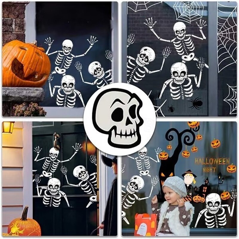 4 Sheets Halloween Skeleton and Ghost Window Decals Wall Sticker, Spooky Skull Pumpkin Spider Door and Wall Clings for Halloween Party Home Window Decorations4