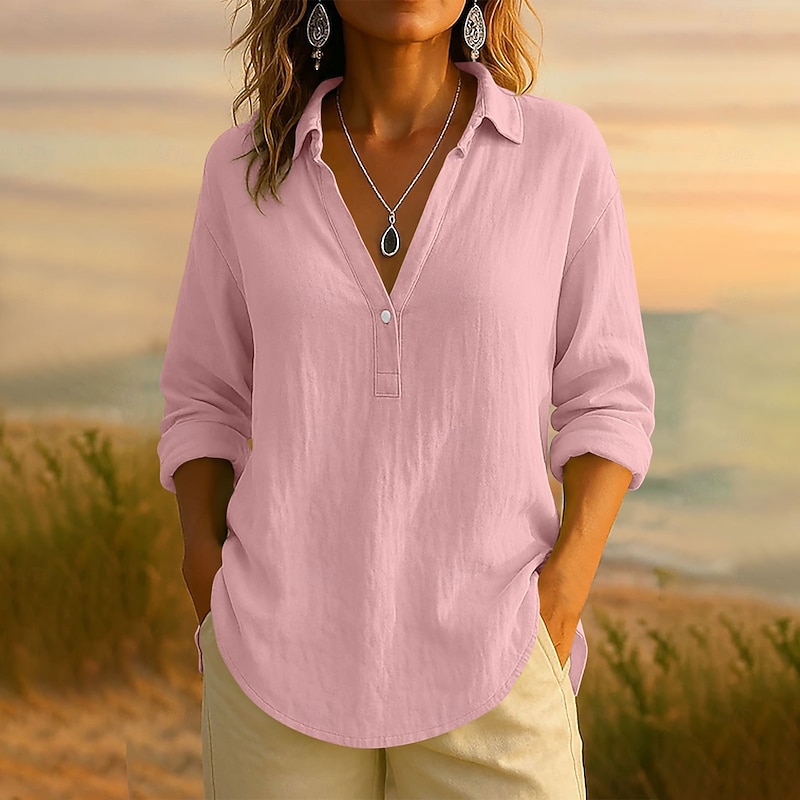 Women's Blouse Solid Color Elegant Casual Long Sleeve V Neck Regular Tops Daily Holiday Buttons Black Pink Blue Purple Green Summer Spring Fall