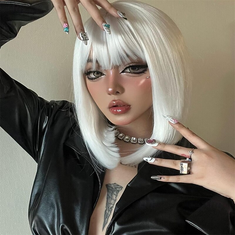 Straight White Wig with Bangs 12 Inch Short White Bob Wigs for Women Synthetic Colorful Cosplay Party Wig3