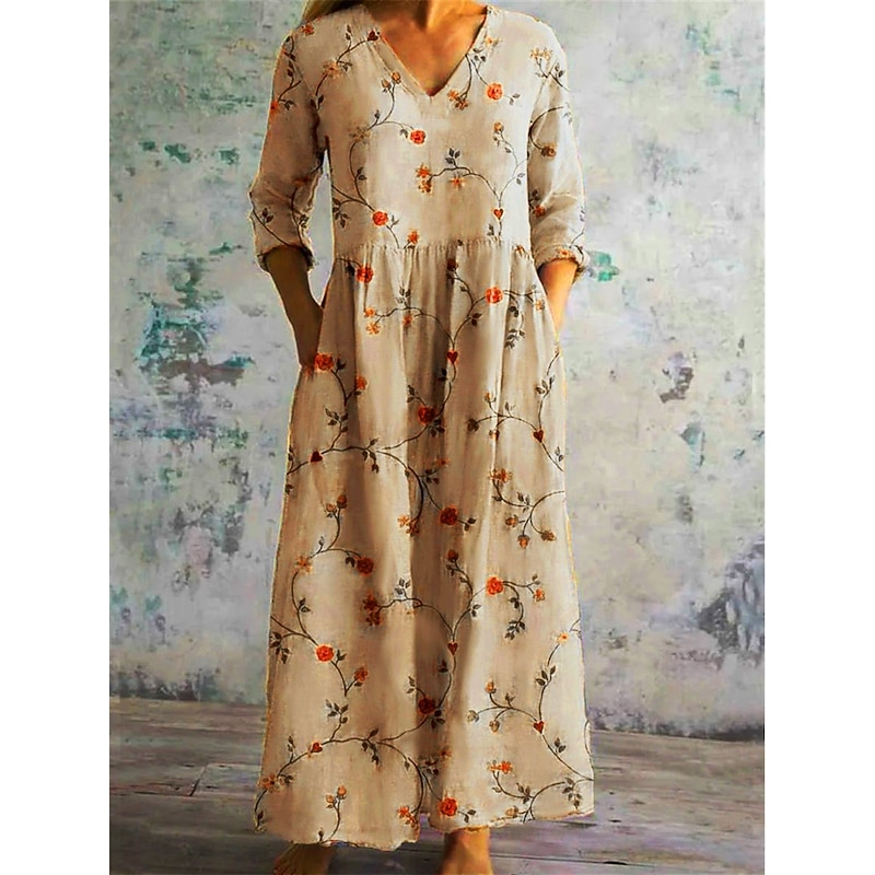 Women's Maxi Dress Cotton Linen Dresses Cotton Linen Dress Casual Daily  Regular Fit Floral 3/4 Length Sleeve V Neck Yellow Green Gray Spring Fall -  Product Details
