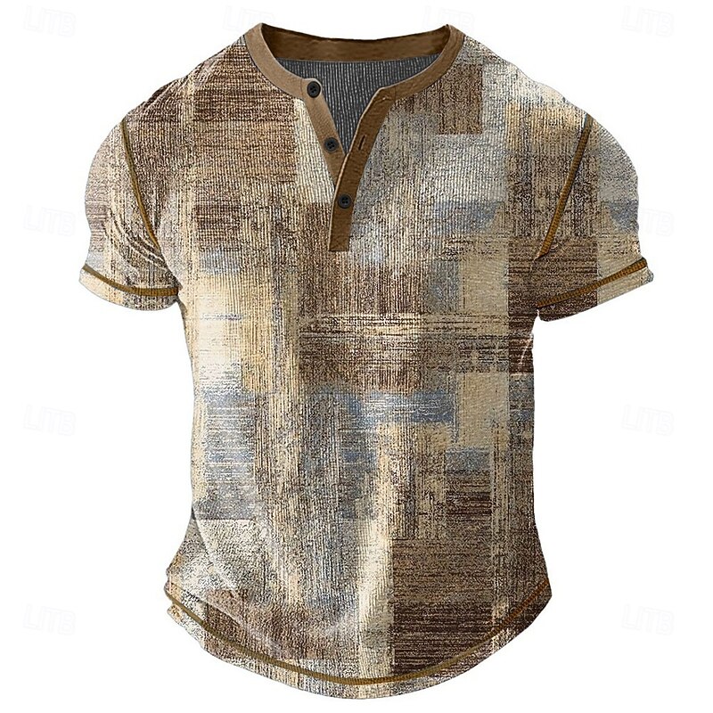 Men's Graphic Abstract Henley Shirt Waffle T Shirt Short Sleeve Daily Retro Vintage Classic Sports Outdoor Casual Holiday Spring & Summer All Seasons Dark Brown Green Blue Grey Henley Henley T-Shirt