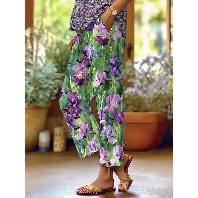 Women's Chinos Vacation Vintage Ethnic Style Ankle-Length High Waist Floral Graphic Leaf Pocket Soft Outdoor Breathable Inelastic Vacation Street Causal Deep Purple Black Light Purple Green Summer3