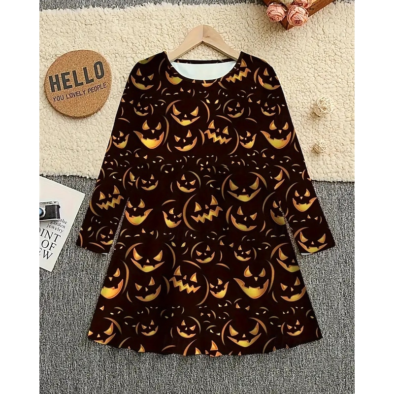 Halloween Girls' 3D Pumpkin Dress Long Sleeve Summer Spring Vacation Daily Holiday Princess Beautiful Sweet Kids 4-12 Years Casual Dress A Line Dress Knee-length Regular Fit3