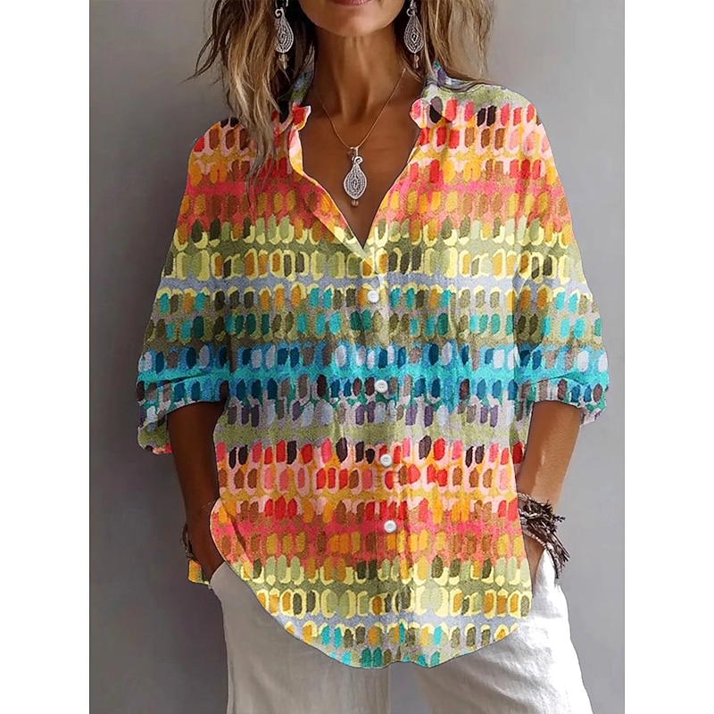 Women's Shirt Button Down Tunic Shirt Collar Long Sleeve Graphic Geometric Polka Dot Vintage Daily Stylish V Neck Regular Tops Work Daily Holiday s Print Pink Blue Orange Spring Fall