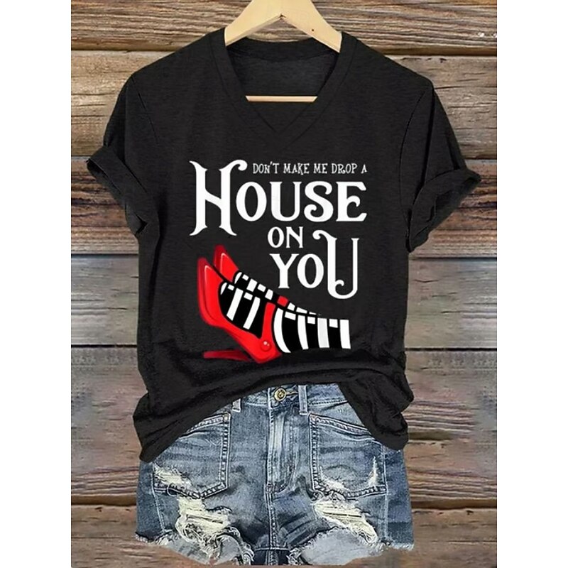 Halloween Women's T shirt Witch Graphic Vintage Stylish Classic Short Sleeve V Neck Regular Tops Daily Print Black White Red Blue Purple Summer Spring Fall