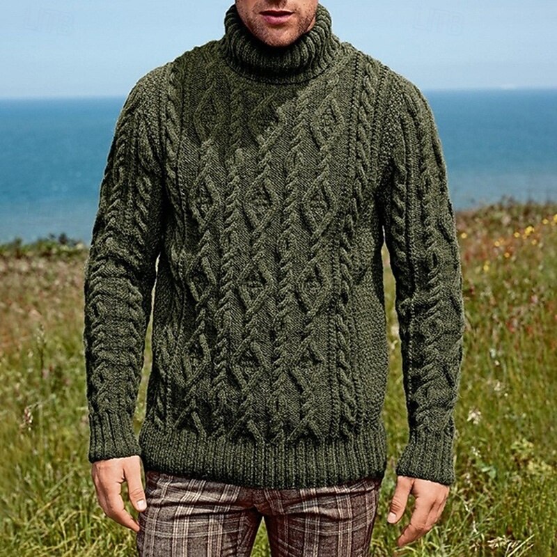 Men's Pullover Sweater Jumper Cable Knit Regular Tops Knitted Plain Turtleneck Knitwear Modern Contemporary Casual Daily Wear Clothing Apparel Fall Winter Army Green Dark Blue S M L