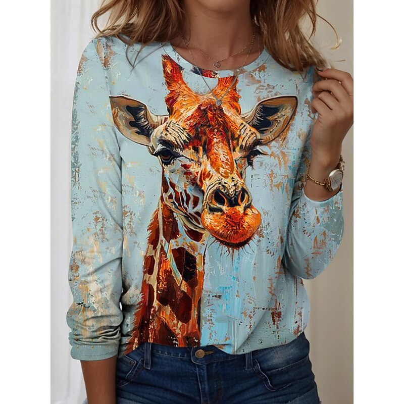 Women's T shirt Crew Neck Long Sleeve Tunic Graphic Animal Vintage Stylish Modern  Regular Tops Daily Print Yellow Blue Sky Blue Fall3